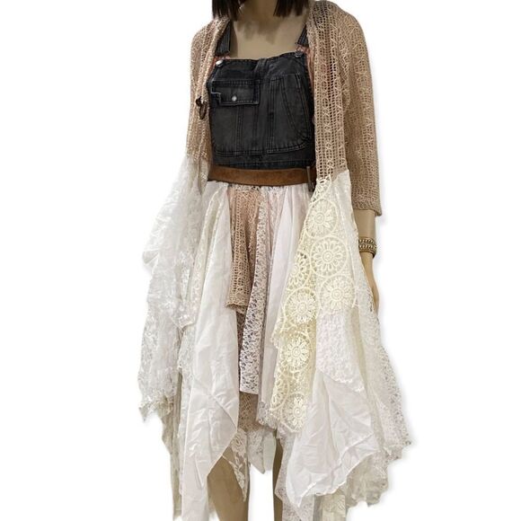 Black Denim Overalls Multilayer Lace Midi Flowing Dress NEW - Picture 2 of 4